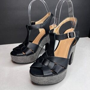 Anthropologie T-Strap Platform Heels Black Leather Woven Heel Women's US 7 EU 37